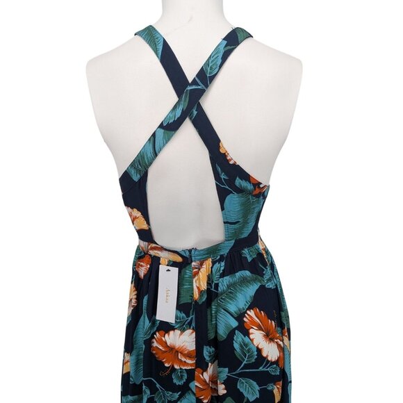 Aakaa Tropical Halter Maxi Dress Women Size XS Floral Open Back Resort Coastal - Picture 5 of 14